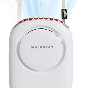 AOCOOLFAN Portable Neck Fan, Mini Hanging Neck Fan with Adjustable Lanyard and Bracket, USB Rechargeable Hands Free 3 Wind Speed Personal Fan for Indoor Outdoor (White)