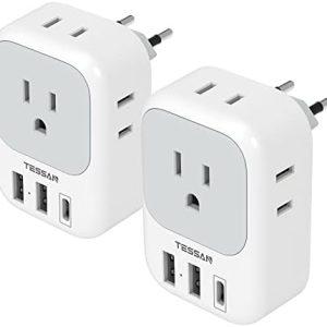 2 Pack European Travel Plug Adapter USB C, TESSAN US to Europe Plug Adapter with 4 Outlets 3 USB Charger (1 USB C Port), Type C Power Adaptor to Italy Spain France Portugal Iceland Germany