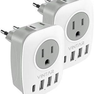 [2-Pack] European Travel Plug Adapter, VINTAR International Power Plug Adapter with 1 USB C, 2 American Outlets and 3 USB Ports, 6 in 1 Travel Essentials to Most of Europe Greece, Italy(Type C)