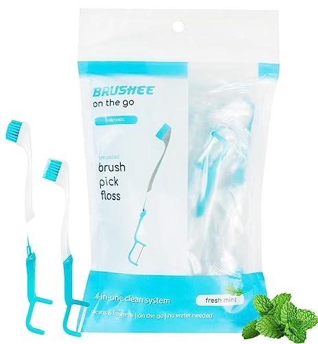 Brushee – The Evolution of Oral Care | 3-in-1 Tool (Pre-Pasted Mini-Brush + Floss + Pick) | Individually Wrapped | Disposable | Prepasted Travel Toothbrushes | Small Adult Toothbrush – (24-Pack)