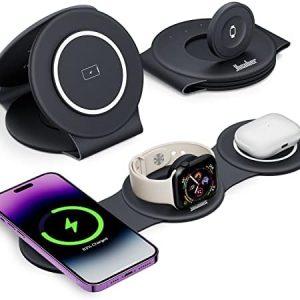 3 in 1 Wireless Charging Station for Apple Watch and iPhone 15, Magnetic Foldable Travel Charger Stand 18W for iPhone 15 / Pro Max Plus 14 13 12 and Apple Watch Series 9 / Utra 1, 2 / Airpods