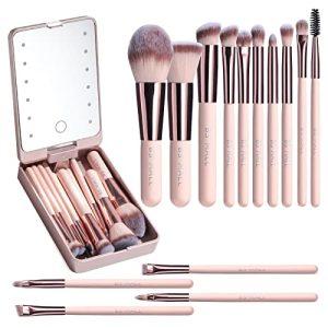 BS-MALL Travel Makeup Brush Set Foundation Powder Concealers Eye Shadows Makeup Set with LED light Mirror 14 Pcs Pink