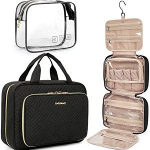 BAGSMART Toiletry Bag Hanging Travel Makeup Organizer with TSA Approved Transparent Cosmetic Bag Makeup Bag for Full Sized Toiletries, Medium-Black