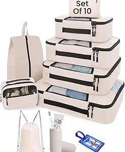 BAGAIL 10 Set Packing Cubes Various Sizes Packing Organizer for Travel Accessories Luggage Carry On Suitcase-Cream