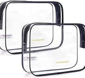 BAGSMART Clear Toiletry Bag, 2 Pack TSA Approved Travel Toiletry Bag Carry on Travel Accessories Bag Airport Airline Quart Size Bags Water Repellent Makeup Cosmetic Bag for Women (Black-2pcs)