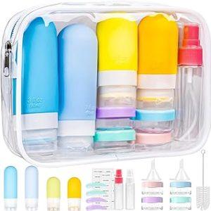 5 Pieces Travel Bottles for Toiletries, TSA-Approved Convenient 3oz Portable Size, Leak-Proof Design. Made with BPA-Free Squeezable Silicone. Complete Travel Set includes Clear Toiletry Bag（Pink, Blue, Green, Yellow, Purple）